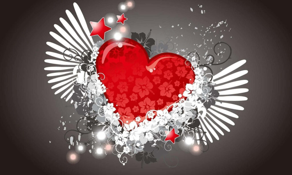 Vibrant Red Heart with Wings & Floral Patterns - Artistic Wallpaper
