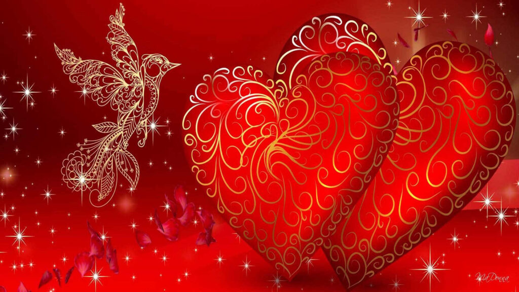 Vibrant Heart Wallpaper: Golden Birds & Rose Petals on Red Canvas