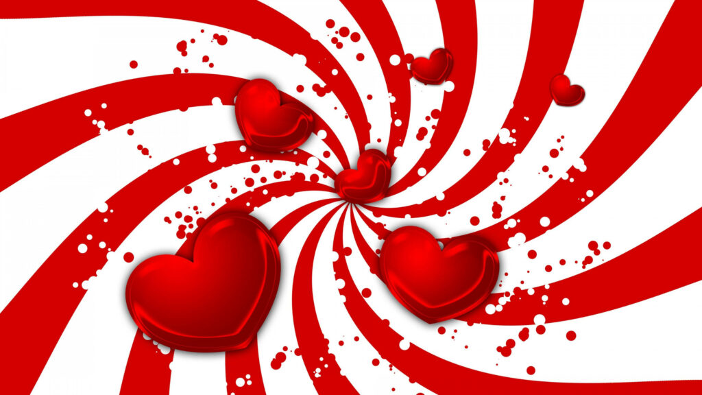Vibrant Red Hearts on Spiraling Red and White Wallpaper Background