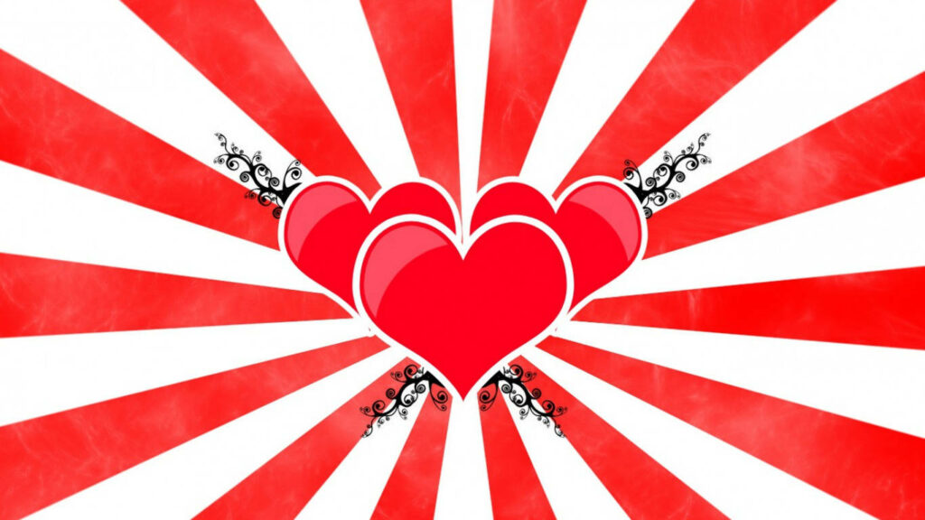 Vibrant Red Love Hearts Wallpaper with Floral Design on Striped Background