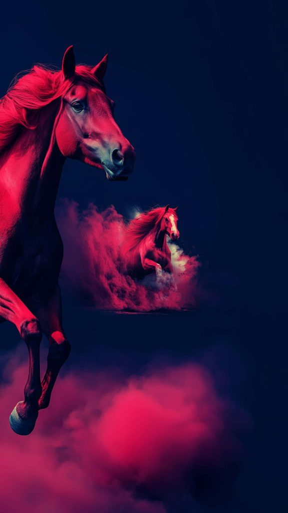 Two vibrant red horses galloping through magenta smoke on dark blue surreal digital art wallpaper