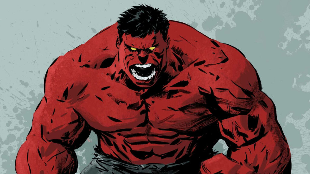 Dynamic Red Hulk Wallpaper: Fierce Expression & Vibrant Background