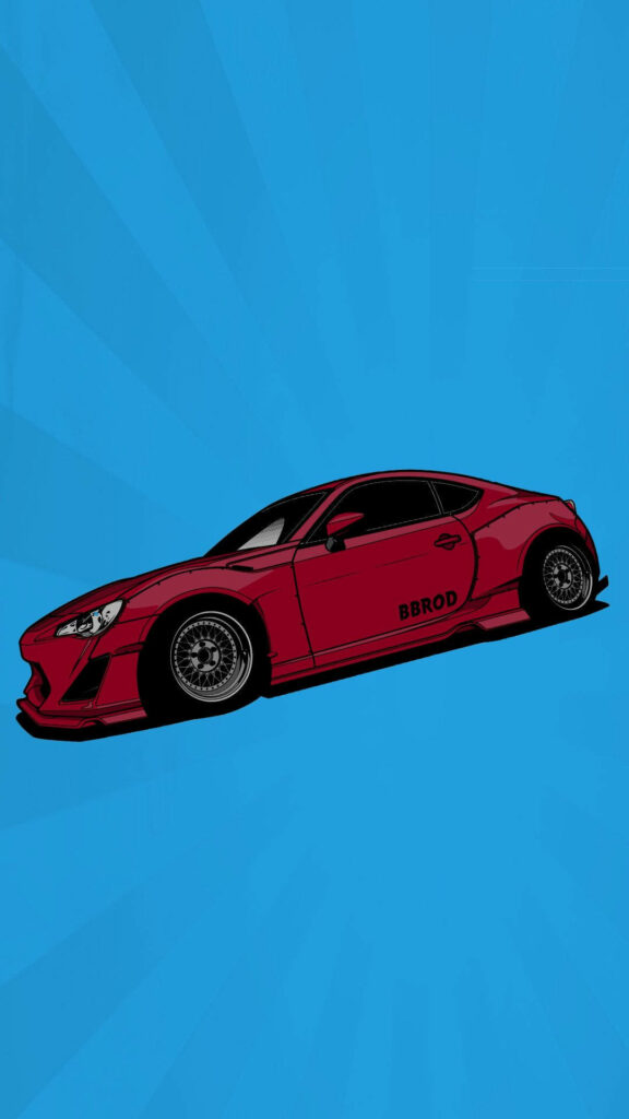 Vibrant red JDM sports car on bold blue background dynamic automotive wallpaper design