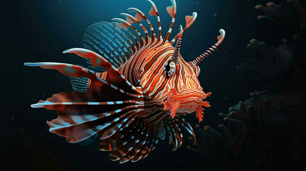 Vibrant Red Lionfish Swimming in Tranquil Blue Underwater Scene Wallpaper