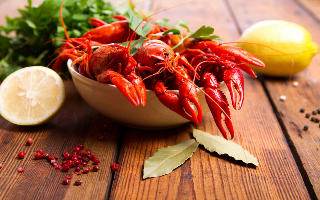 Vibrant Lobster Bowl with Herbs & Spices: Rustic Wallpaper Background