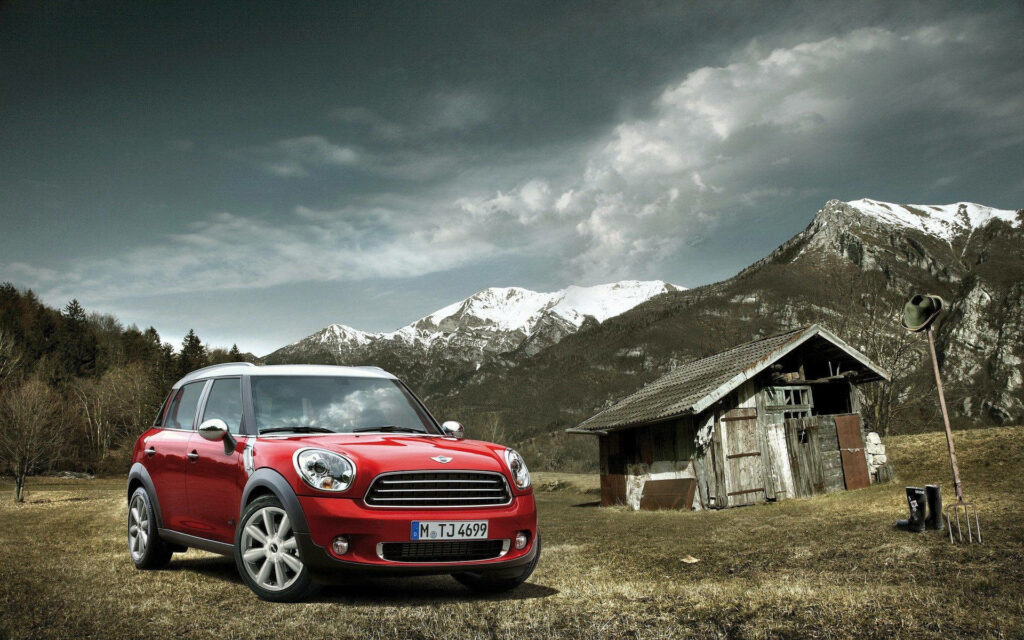 Vibrant Red Mini Cooper in Serene Countryside - Nature Wallpaper