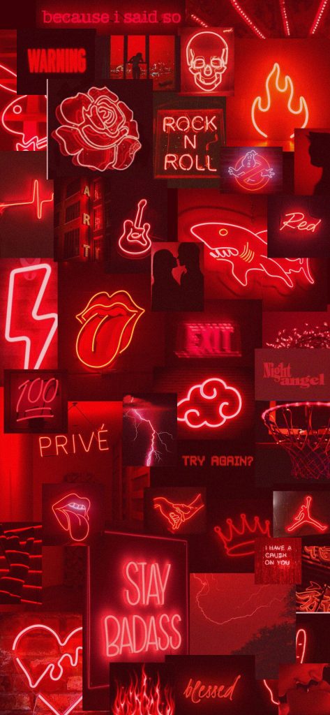 Red neon aesthetic wallpaper with glowing skull rose Stay Badass text edgy iPhone background
