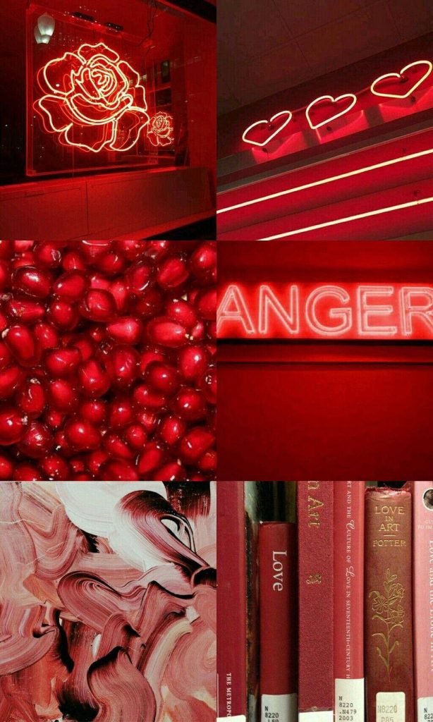 Vibrant red iPhone wallpaper with neon rose hearts anger sign and abstract textured collage