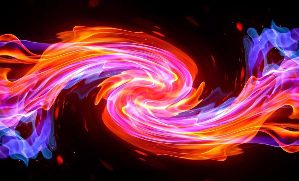 Abstract wallpaper with vibrant red orange and blue flames swirling on a black background