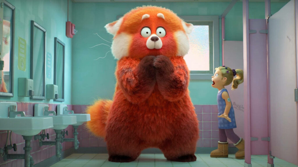 Vibrant Turning Red Wallpaper: Red Panda Transformation in Restroom