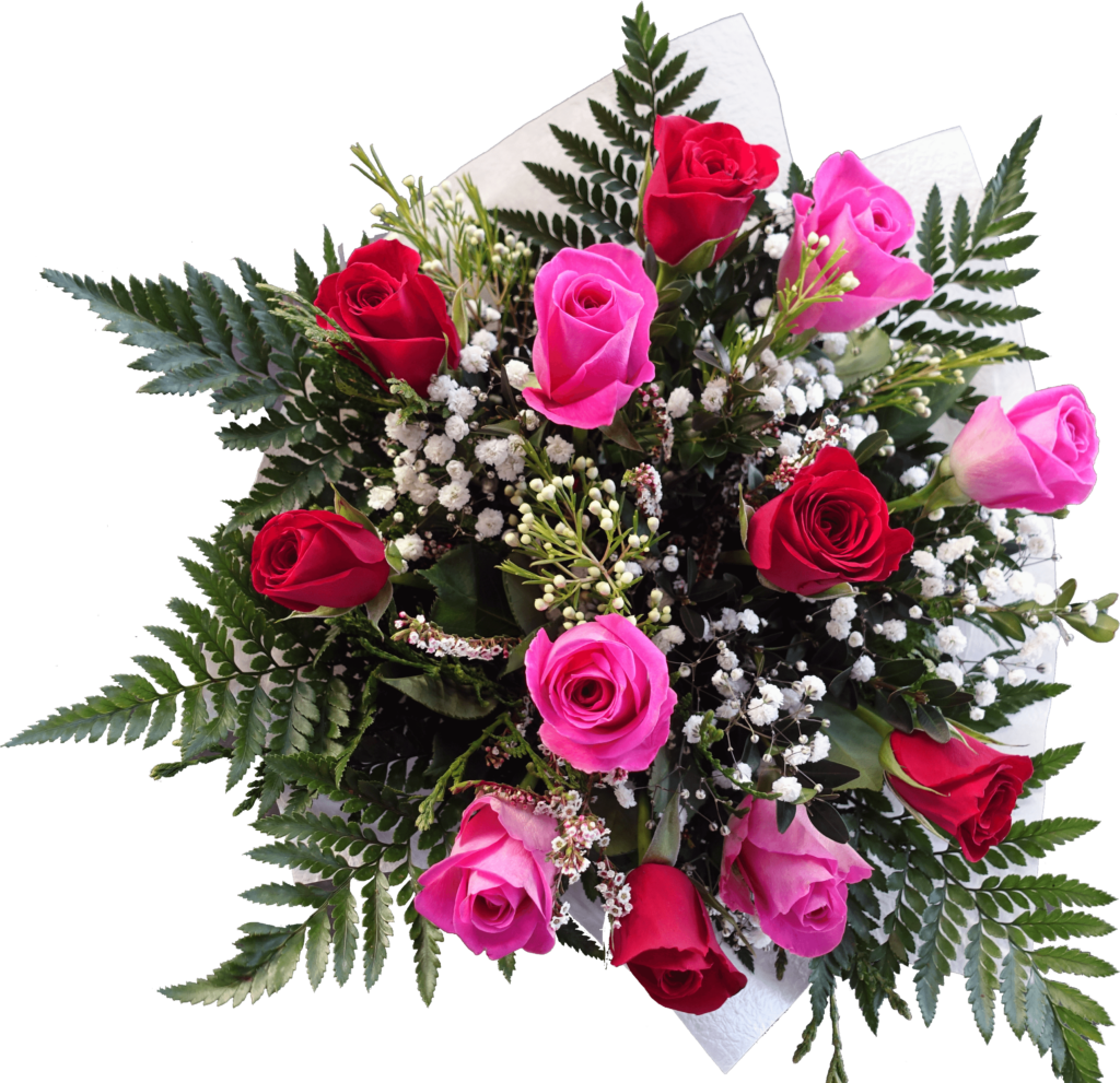 Vibrant Red & Pink Rose Bouquet with Green Ferns - Elegant Floral Background Wallpaper