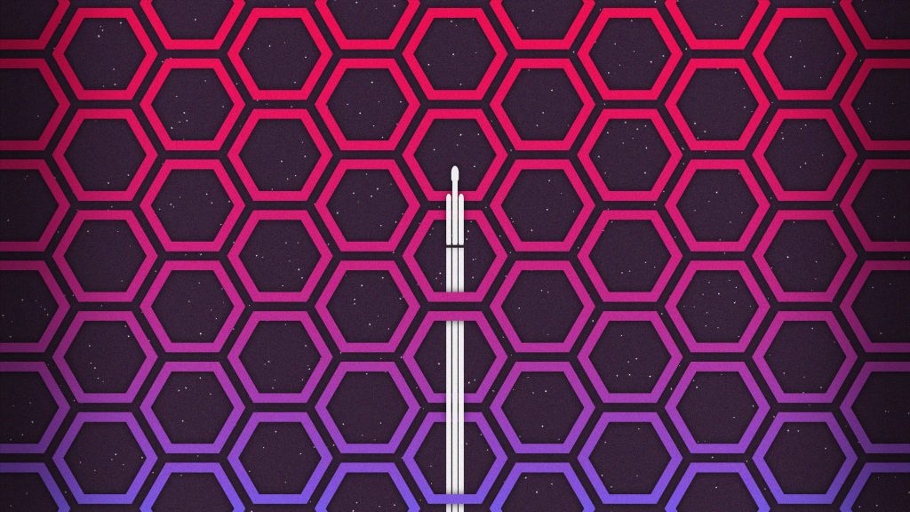 Minimalist white rocket ascending against vibrant red purple hexagon gradient starry space wallpaper