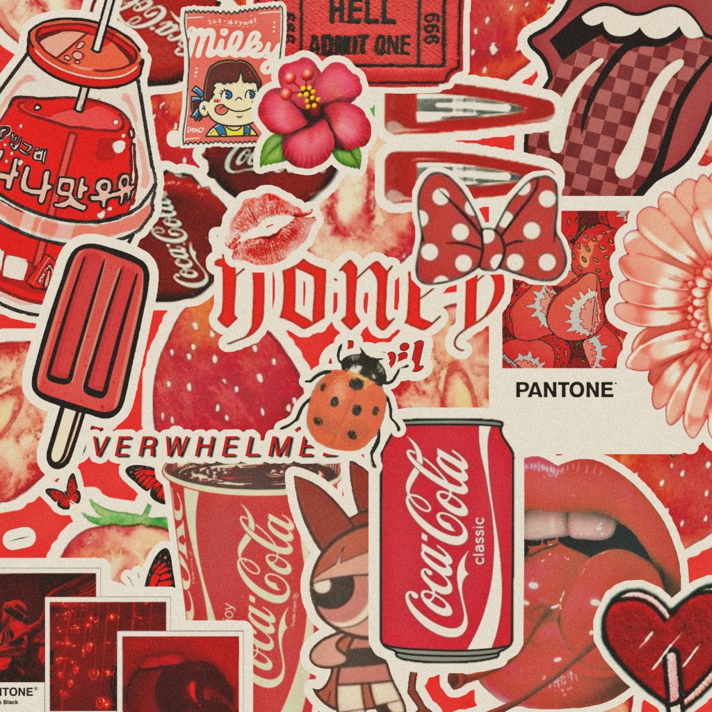 Vibrant red sticker collage wallpaper with Coca-Cola Rolling Stones Peko-chan and Powerpuff Girl