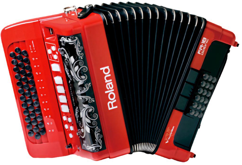Vibrant Red Roland FR-18 Digital Accordion Wallpaper for Music Lovers