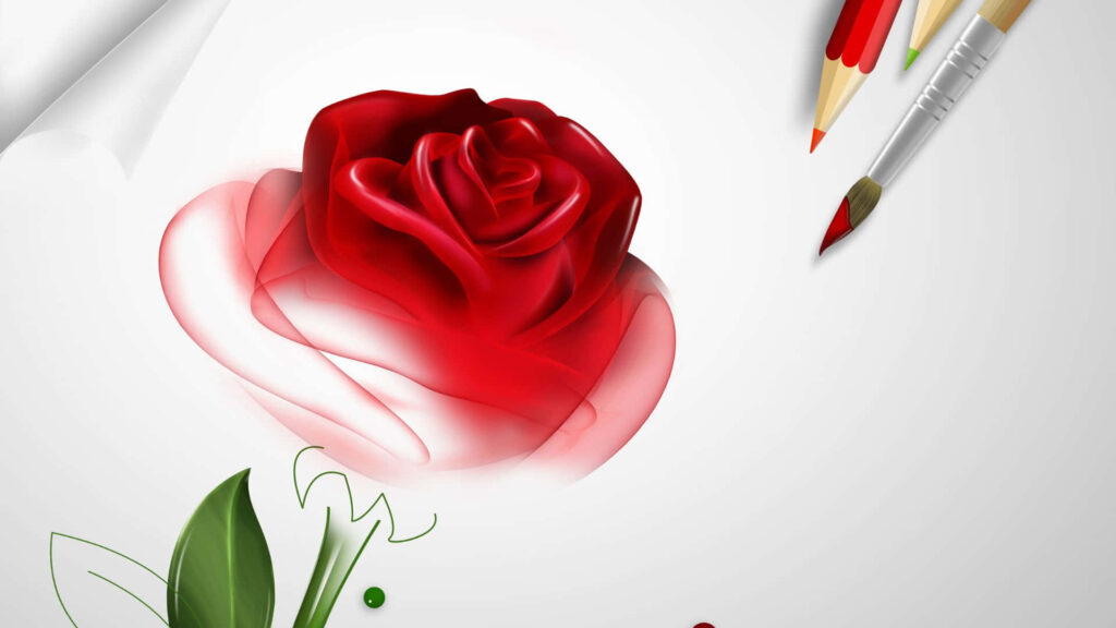 Vibrant Digital Red Rose Illustration with Art Supplies on White Wallpaper