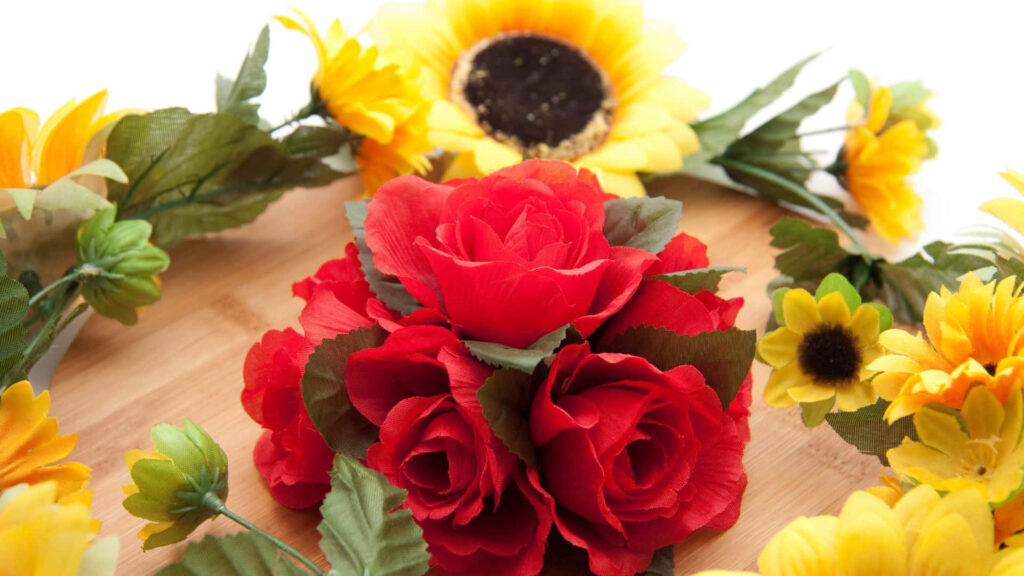 Vibrant Floral Wallpaper: Red Roses & Sunflowers on Wood Background
