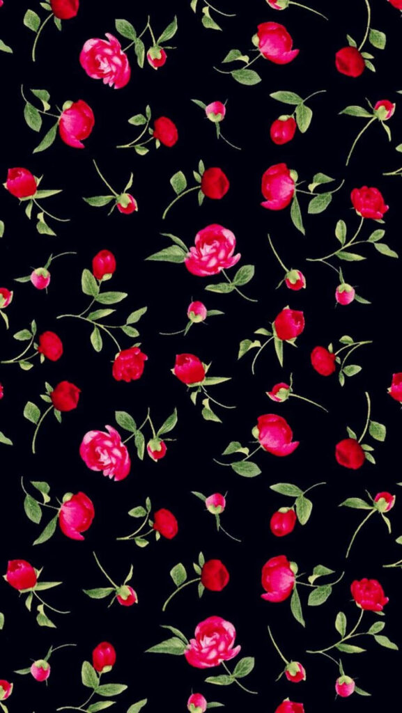 Vibrant Red Roses & Green Leaves on Elegant Black Background Wallpaper