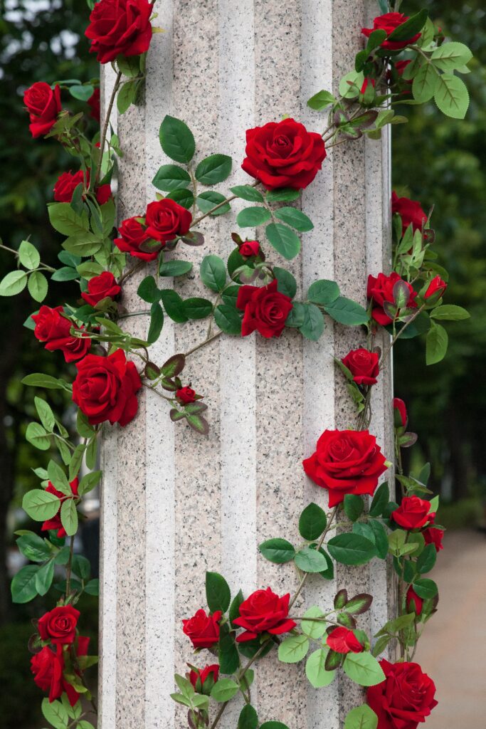 Vibrant Red Roses on Textured Column - Elegant Garden Wallpaper