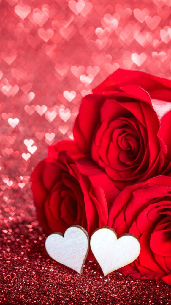 Enchanting Red Roses Wallpaper with Glittery Bokeh & Heart Shapes