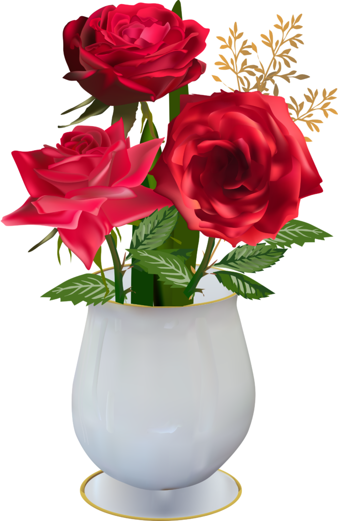 Elegant Digital Art of Red Roses in Vase with Green Leaves & Gold Wallpaper