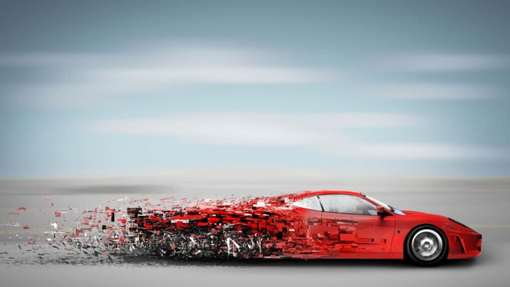 Red modern supercar accelerating on open road with rear transforming into digital fragments in 4K Wallpaper