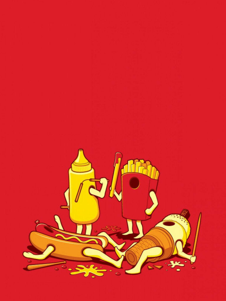 Playful Fast Food Battle Wallpaper: Vibrant Red Snack Characters