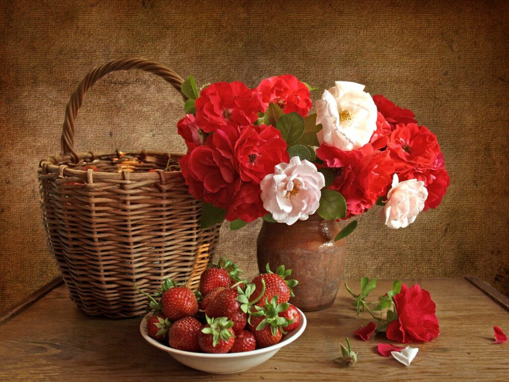 Vibrant Roses & Strawberries: Rustic Still Life Wallpaper Design