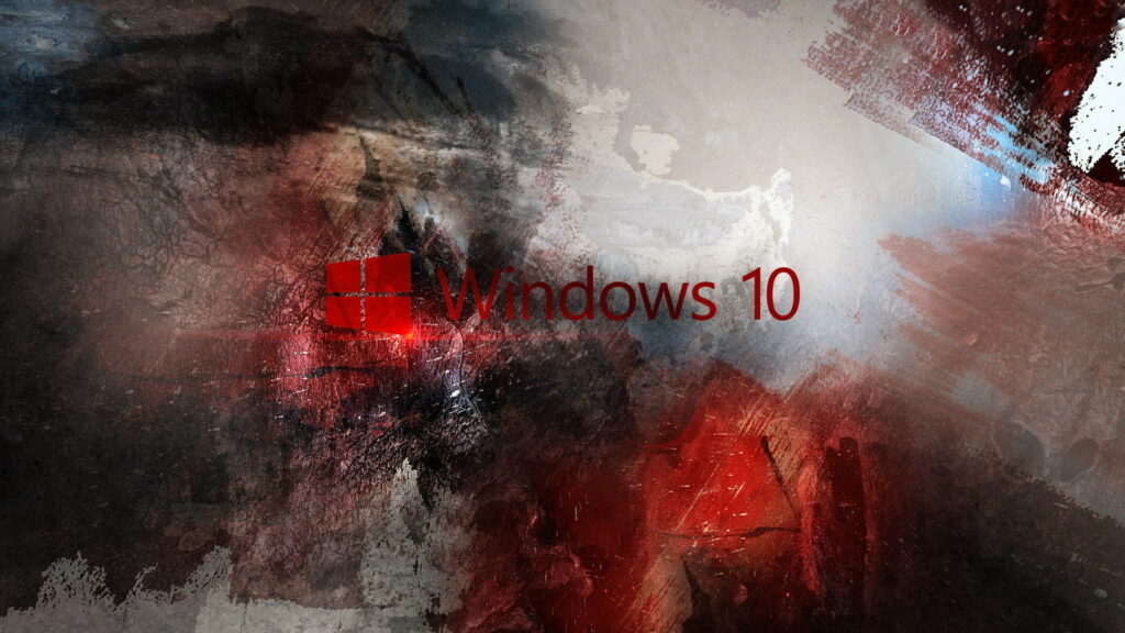 Windows 10 wallpaper with glowing red logo on textured black gray white abstract background
