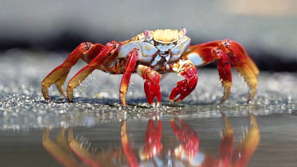 Vibrant red yellow crab at pond edge with textured claws and reflective water background wallpaper