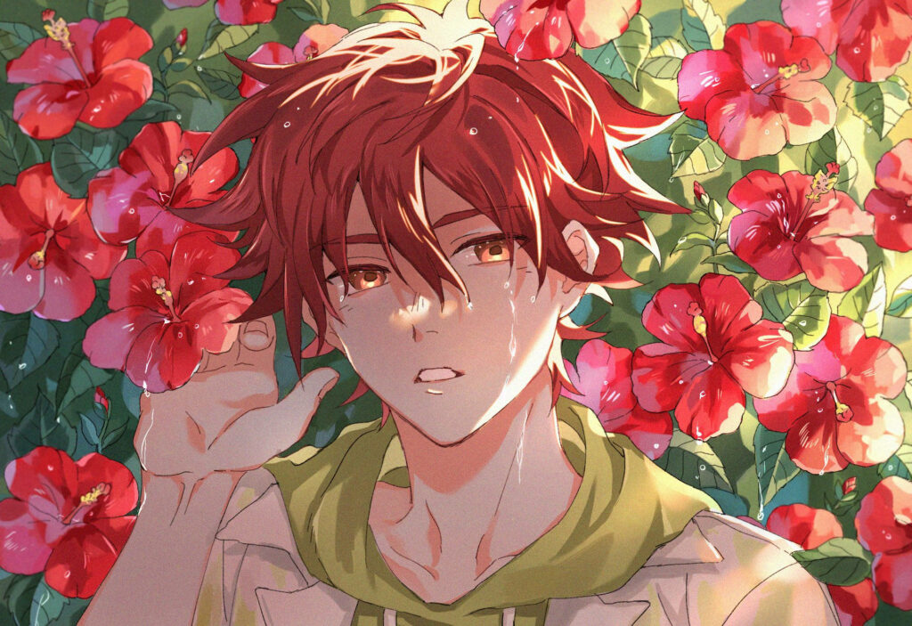 Reki from Sk8 the Infinity: Vibrant Wallpaper with Blooming Flowers