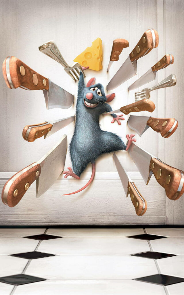 Vibrant Remy Wallpaper: Humorous Ratatouille Scene with Cheese & Knives