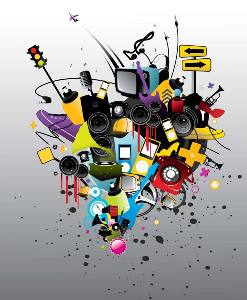 Vibrant Abstract 3D Wallpaper with Retro Elements and Colorful Shapes