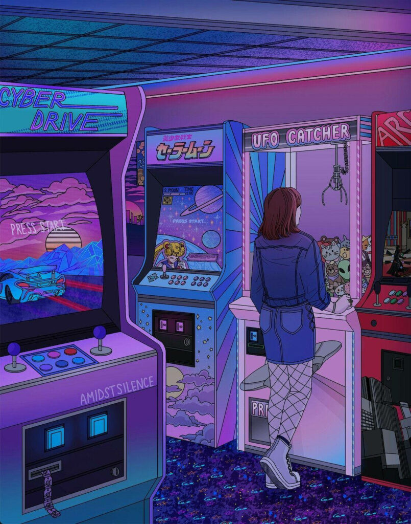 Retro Arcade Neon Wallpaper: Girl by UFO Catcher Machine
