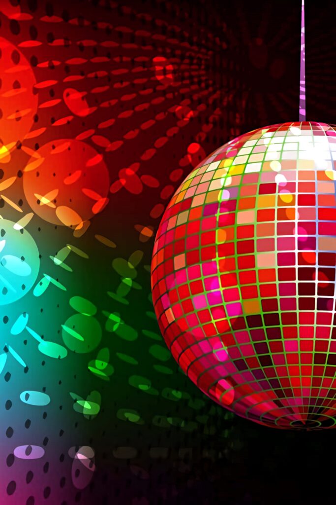 Vibrant disco ball with colorful lights casting dynamic retro dance floor patterns background Wallpaper