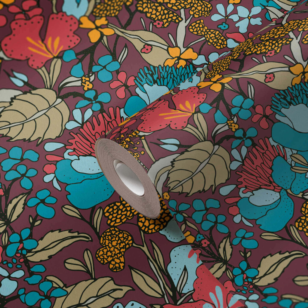 Vibrant Retro Floral Wallpaper: Teal, Mustard & Deep Red Design