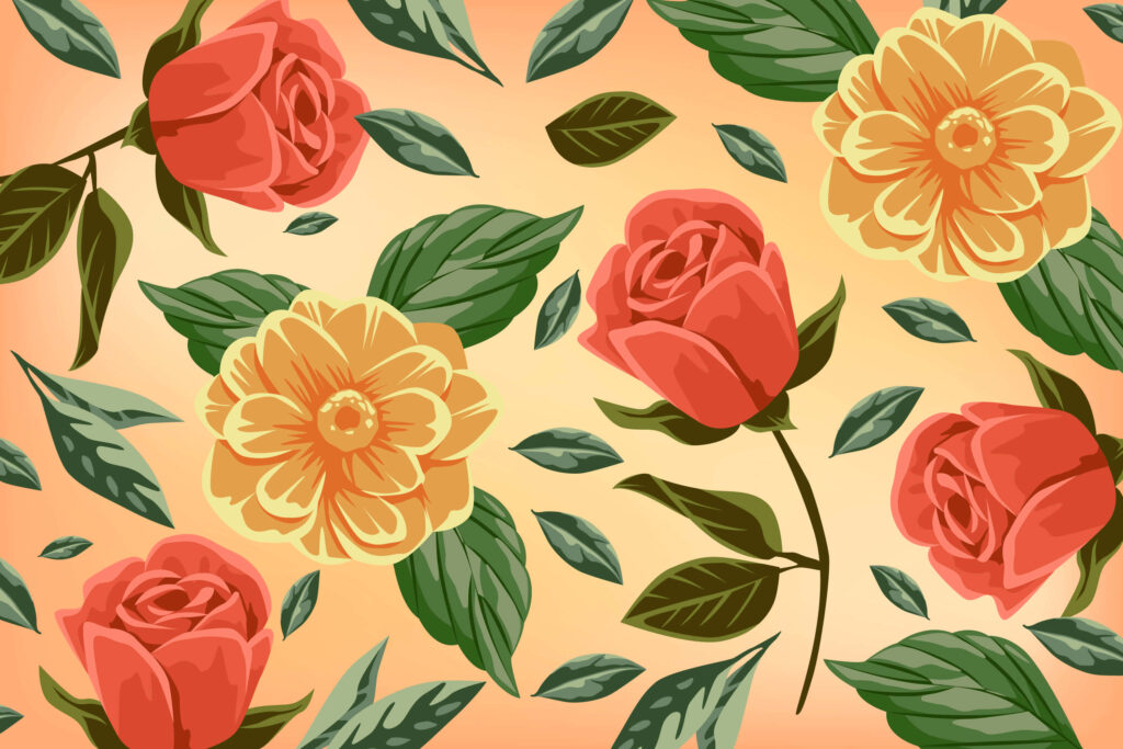 Vibrant Retro Floral Wallpaper with Bold Roses & Warm Gradient Background