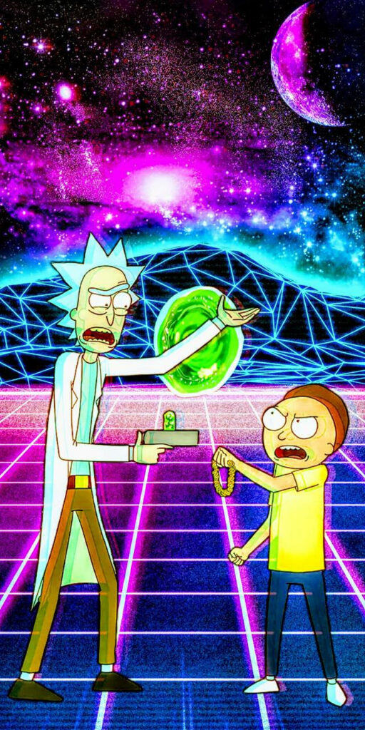 Neon Adventure: A Retro Rick and Morty odyssey amidst geometric blues and pinks Wallpaper