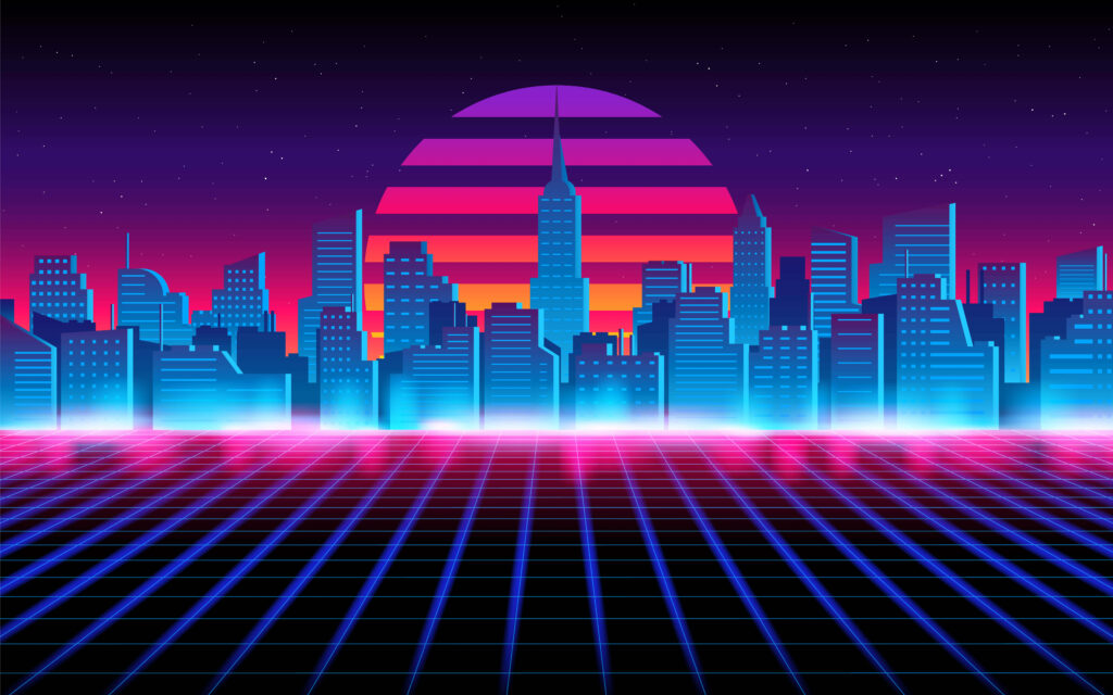 Retro-Futuristic Neon Cityscape Wallpaper with Cyberpunk Aesthetic