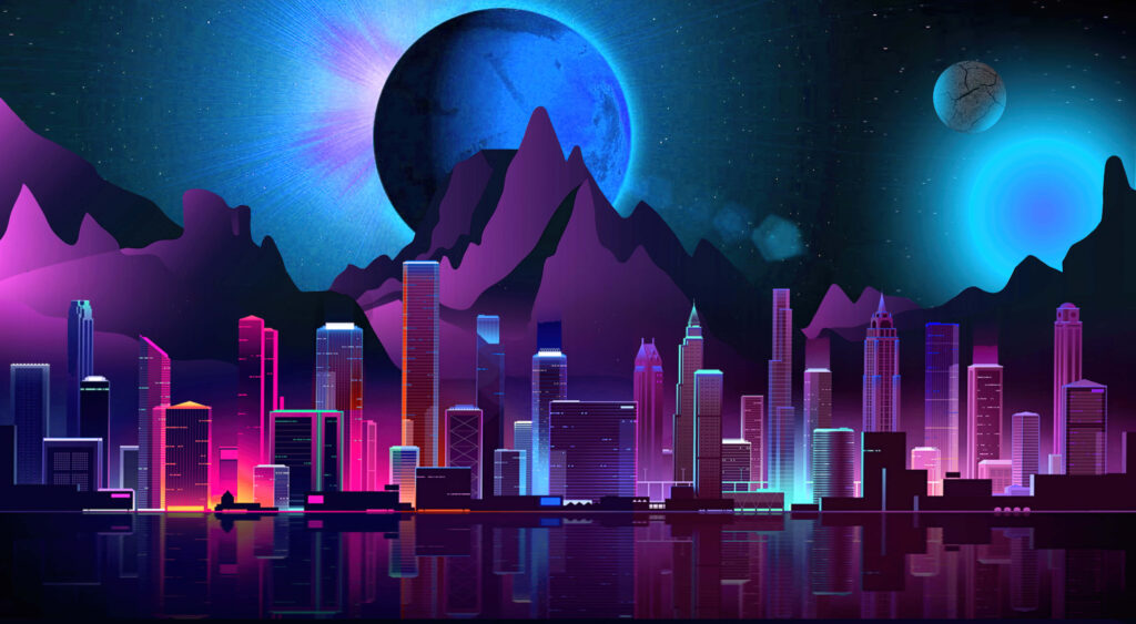 Vibrant Retro-Futuristic Cityscape with Cosmic Backdrop Wallpaper