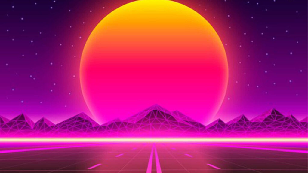 Vibrant Retro-Futuristic Wallpaper: Glowing Moon & Neon Mountains