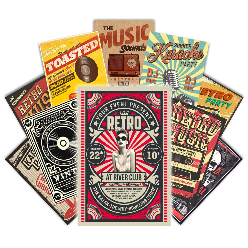 Vibrant Retro Music Event Posters Wallpaper - Nostalgic Designs