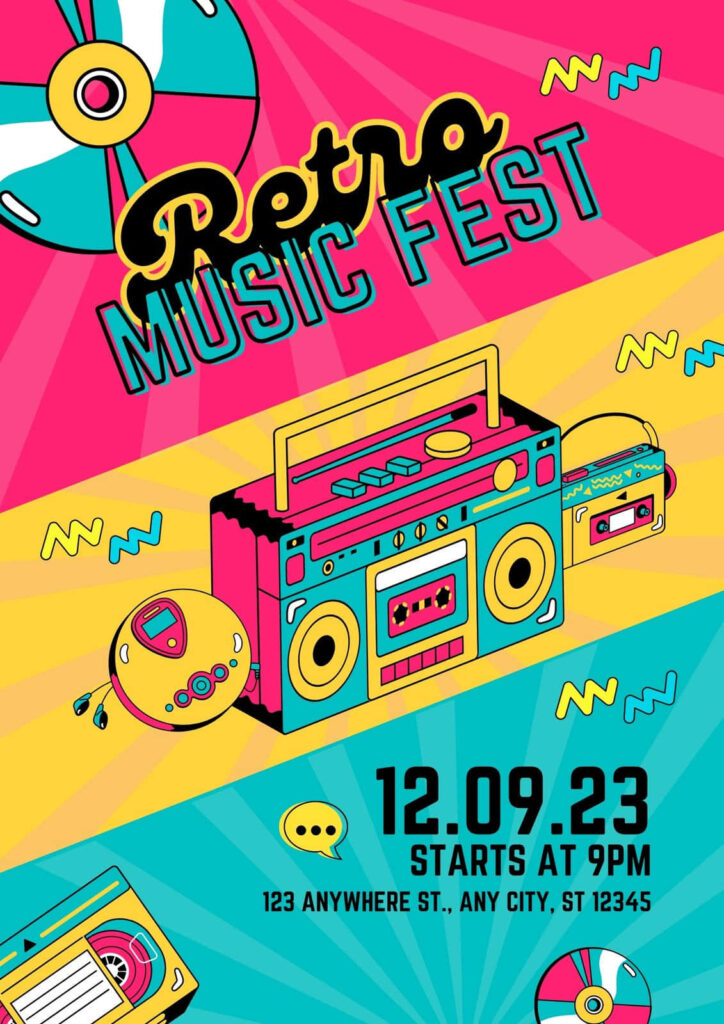 Vibrant Retro Music Fest Wallpaper: Bold Neon Design & Nostalgia