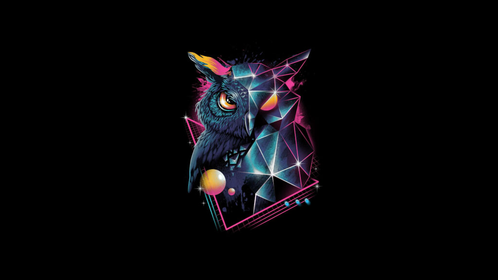 Vibrant Retro Owl Wallpaper: Neon Geometric Design for OLED Screens