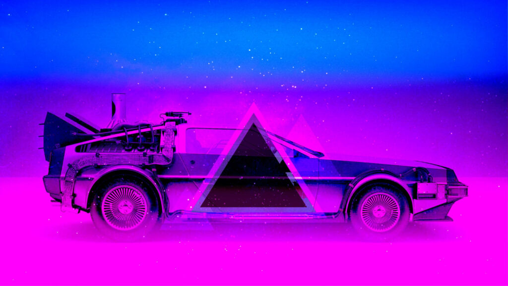 Vibrant Time Machine: Neon 80s Ride with Cosmic Mystery at its Core Wallpaper