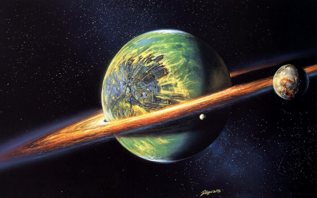 Vibrant Retro Space Wallpaper: Colorful Planetary Scene & Moons