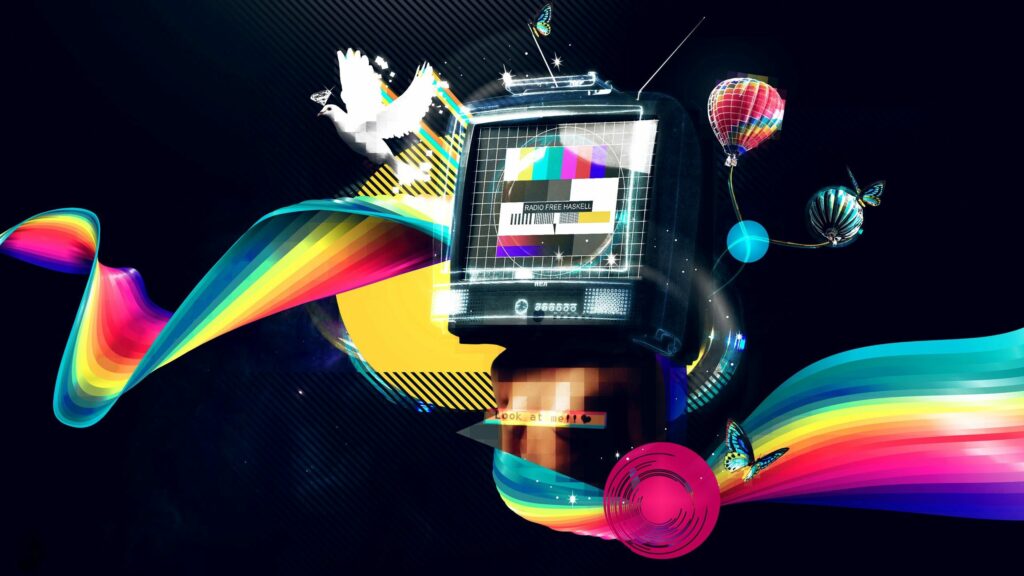 Colorful Retro TV Wallpaper with Abstract Elements & Dark Background