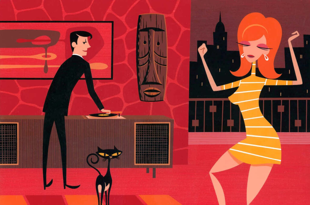 Retro Vector Wallpaper: Stylish Dance Scene with Tiki Decor
