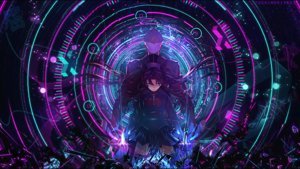 Vibrant Rin Tohsaka Wallpaper: Futuristic Neon Sci-Fi Background