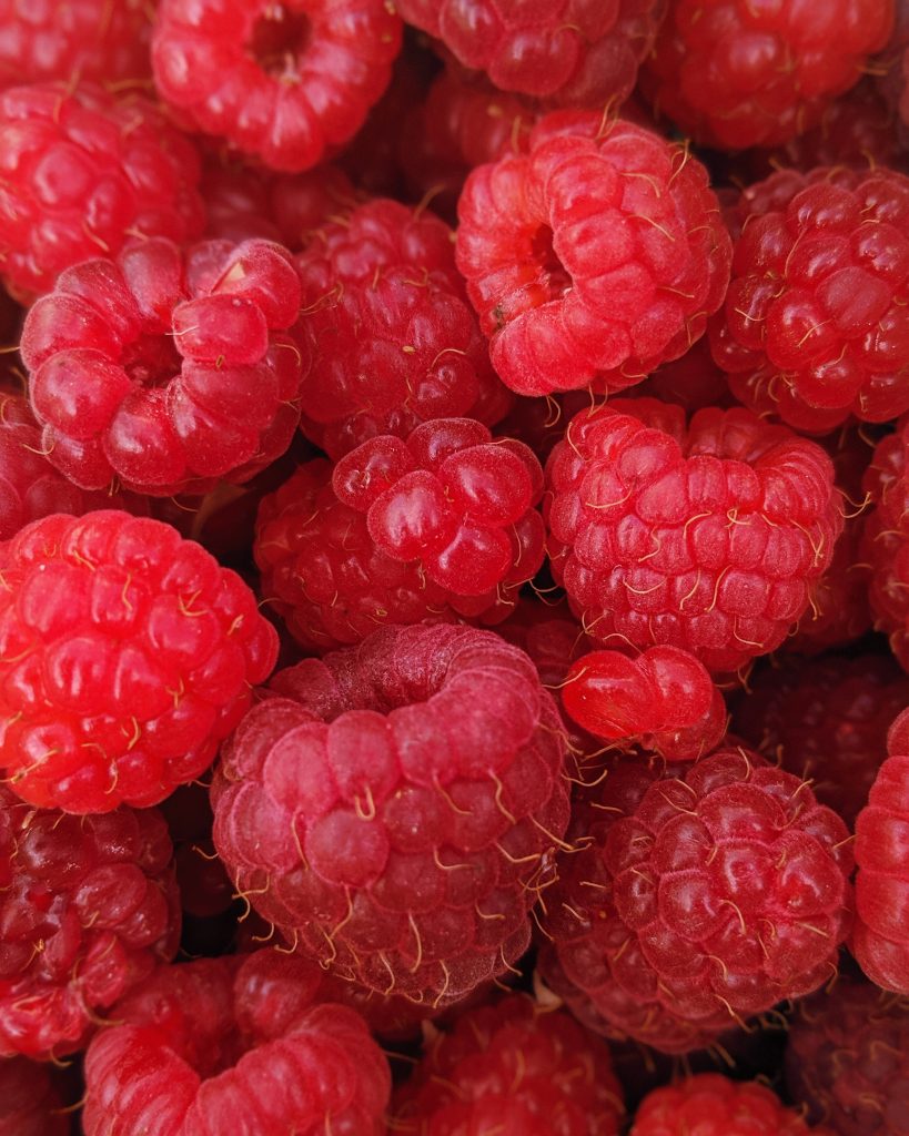 Close-up macro photo of fresh ripe raspberries with vibrant red tones and detailed textures Wallpaper