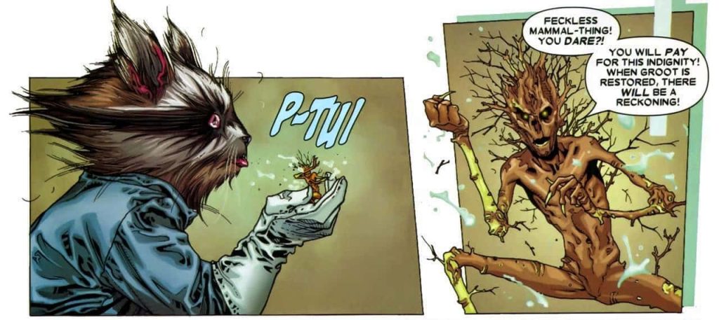 Vibrant Marvel wallpaper of Rocket Raccoon blowing on tiny Groot shouting Feckless Mammal-Thing